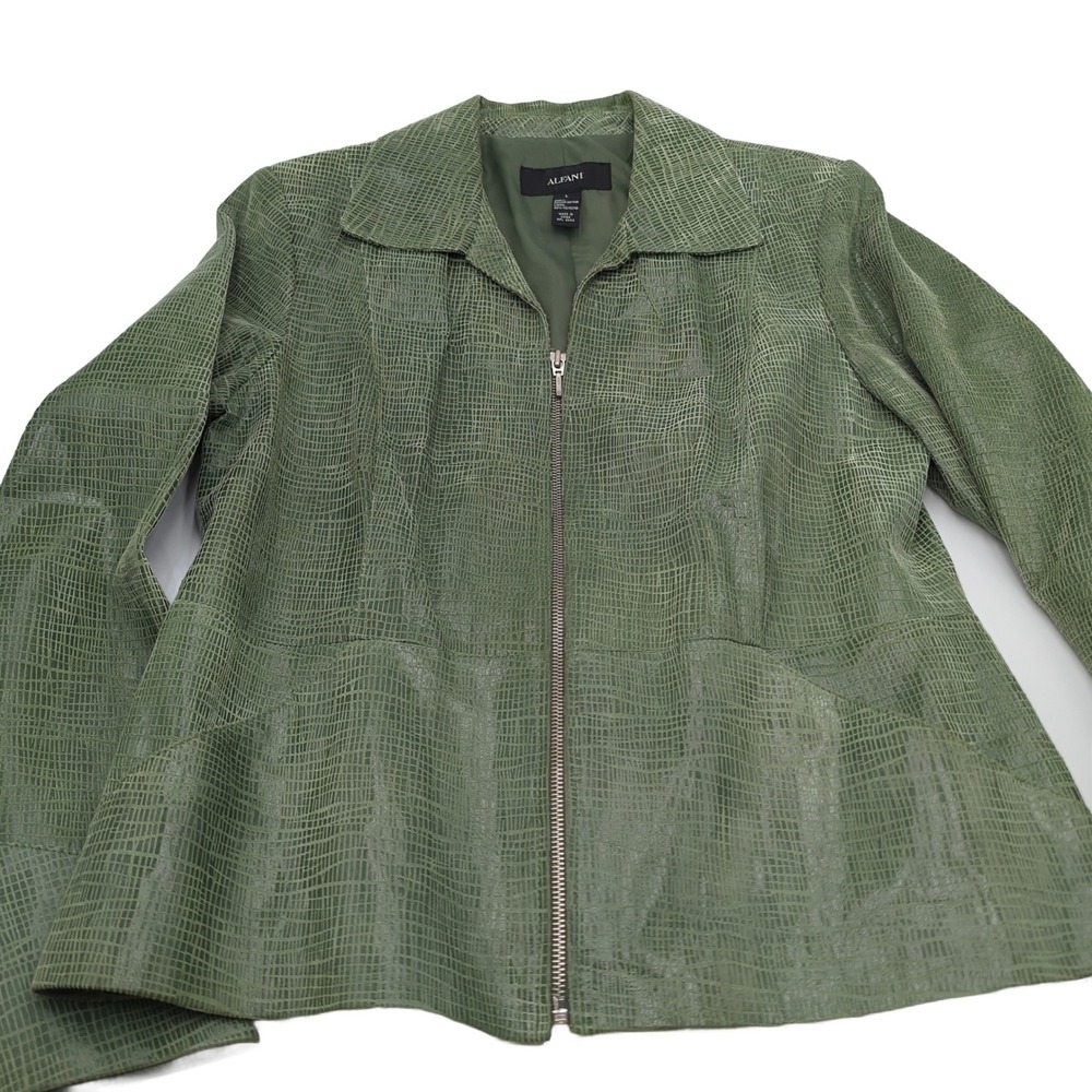 Alfani Womens Green Genuine Leather Snakeskin Embossed Zip Up Jacket Size L